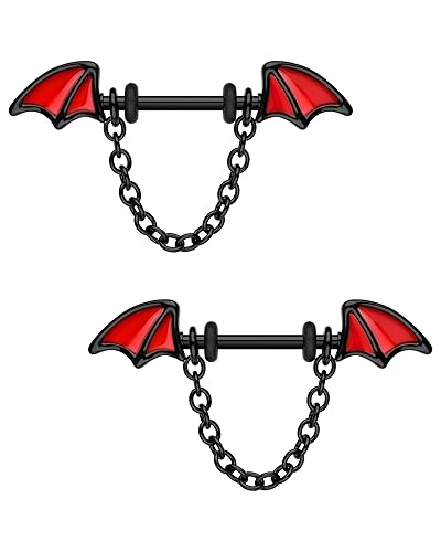 CM Crareesi Mania Bat Wings Nipple Rings - 316L Surgical Steel Chain Piercing Jewelry - 14G Black Barbell Shield for Halloween