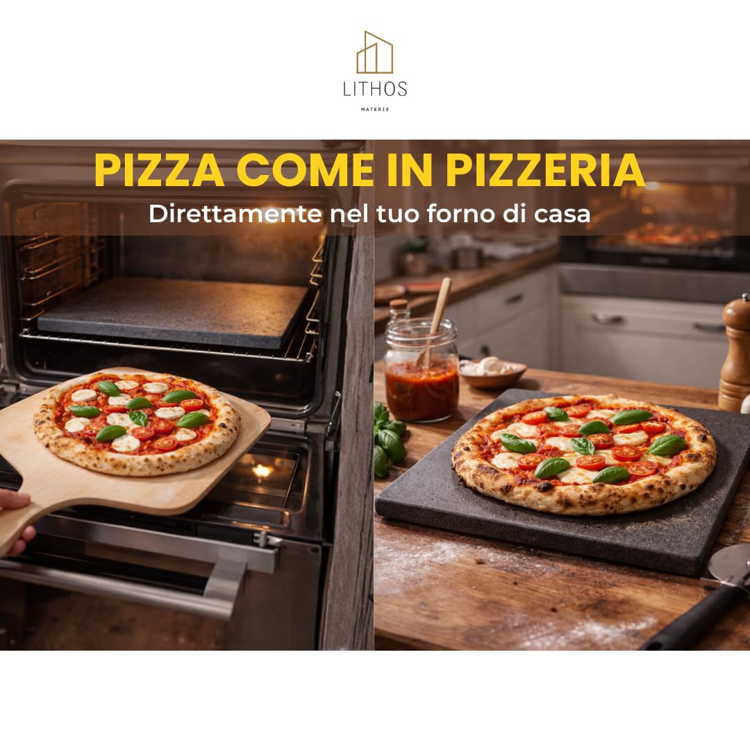 KIT PIETRA ANTIADERENTE LAVICA OLLARE ETNEA PER PIZZA 39 x 35 x 2 + PALA PER FORNO ELETTRICO A GAS E BARBECUE PER CARNE PESCE E VERDURE REFRATTARIA