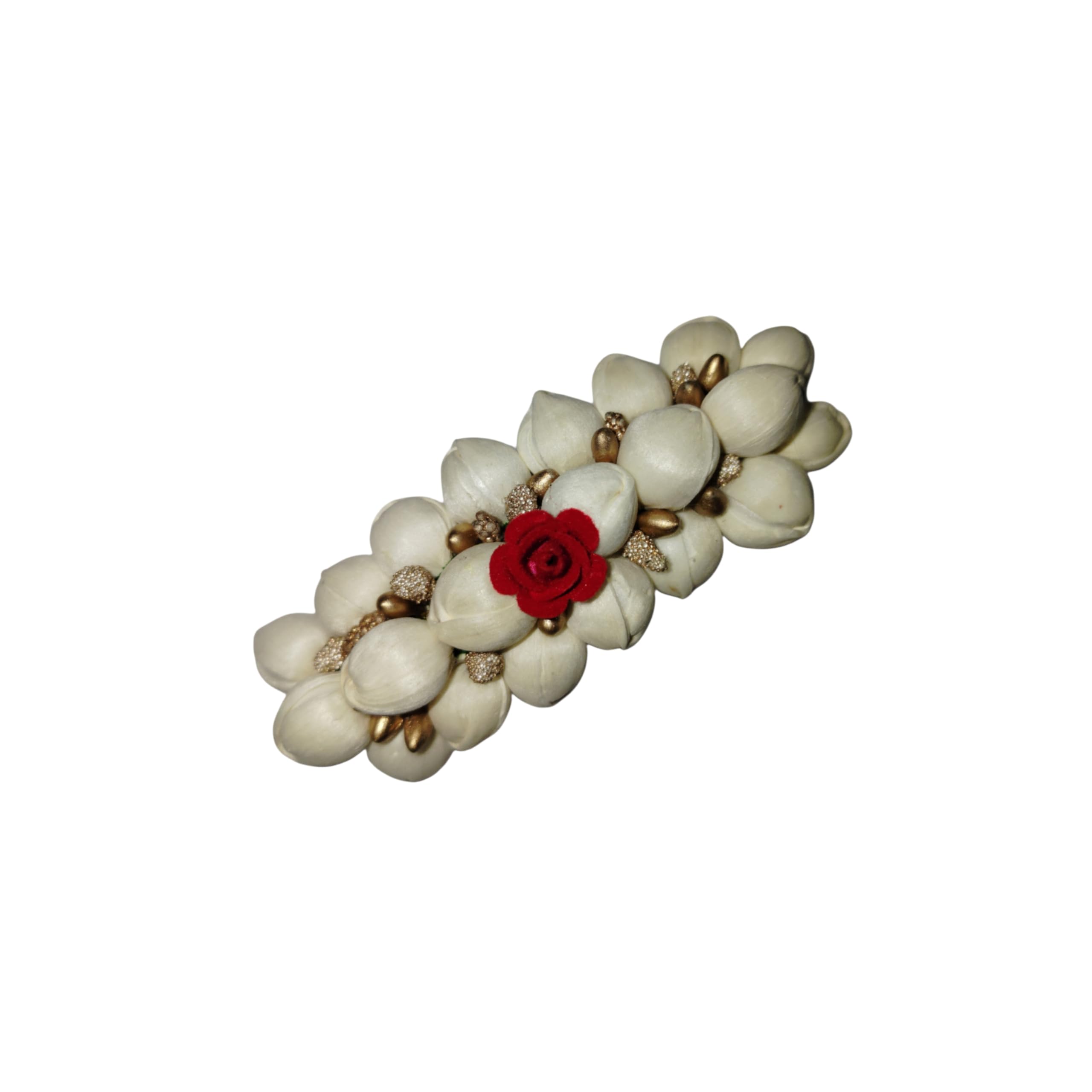 Jasmine Hair Clip with White Floral Buds, Red Rose Centre and Gold Accents, Fabric, Oval, 9 x 3.5 cm, Traditional Ethnic Style PACK OF 1-image-18