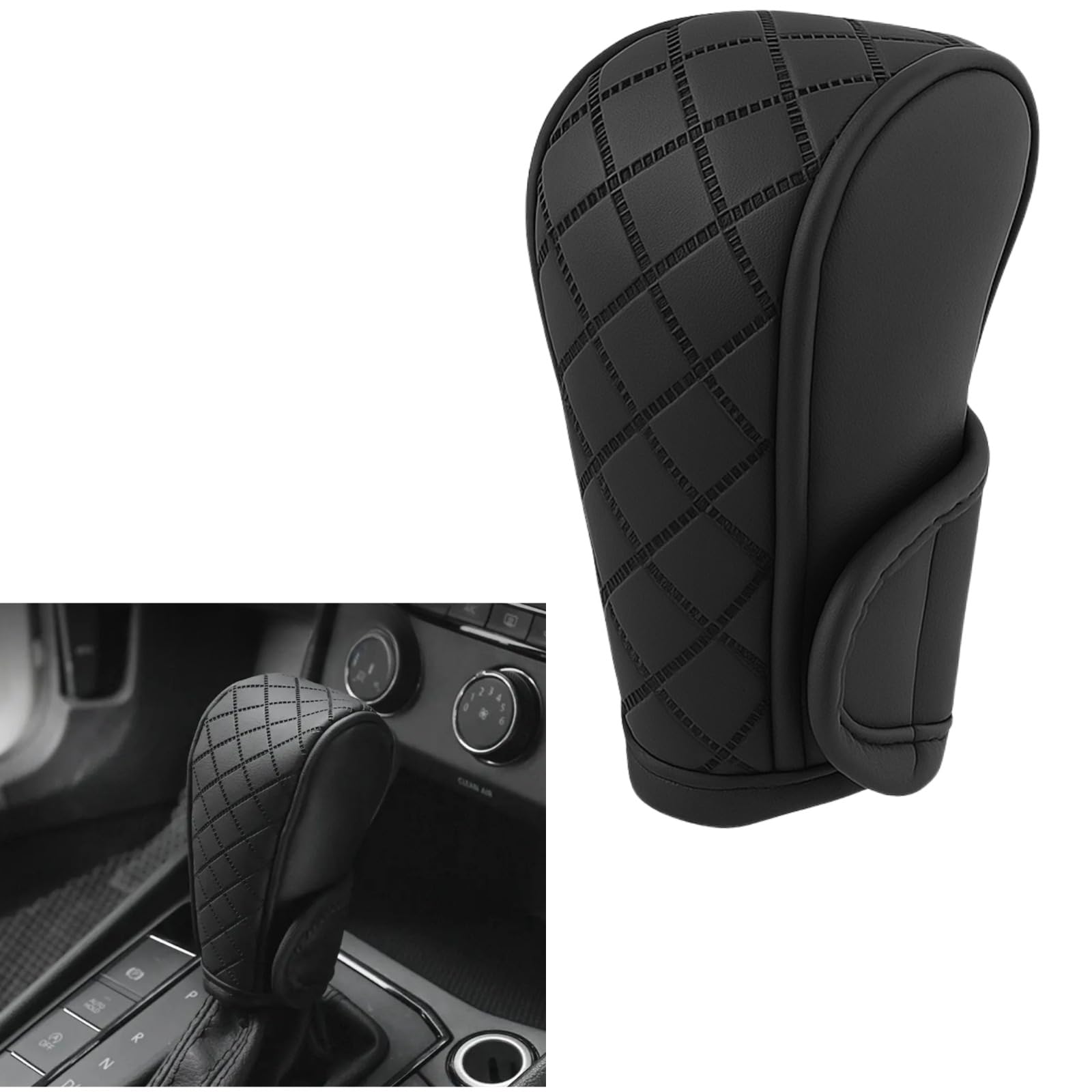 “DETACHI Car Gear Knob Cover Premium PU Leather Black Non Slip Waterproof Gear Shift Protector Universal Fit for Cars SUVs Trucks Durable Diamond Design Handbrake Cover Stylish Car Interior Accessory”