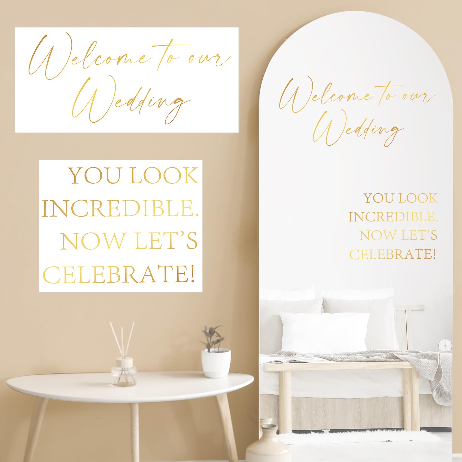 Watersay 2 Pcs Welcome to Our Wedding Mirror Decal Vinyl Lettering Decal Sticker Removable Letters Wedding Decals for Mirrors Glass Window Sign Marriage Decoration(Classic Style,Gold)