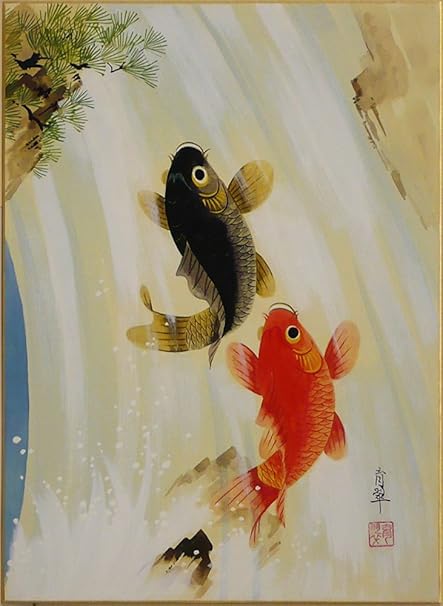 Amazon 運気上昇画 藤尾育翠 鯉の滝登り 肉筆 風水画 色紙 藤尾育翠 インテリア