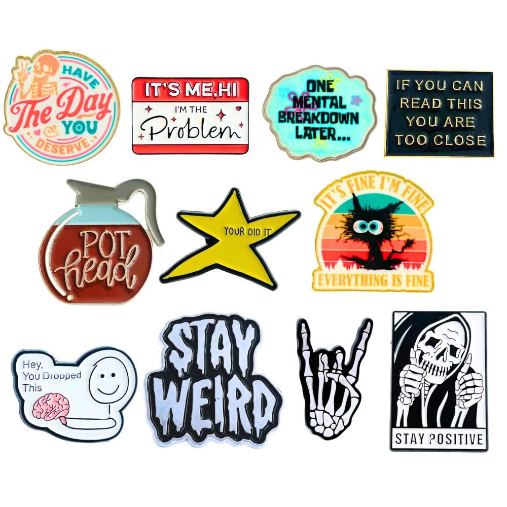 YJ PREMIUMS12PC Funny Enamel Pins for Backpacks Bags Hats Vest Fun Cute Meme Silly Weird Cool Spooky Horror Brooch Coffee Tea Pot Frog Lapel Metal Unique Collective Bulk Pin Buttons for Adults Work Novelty