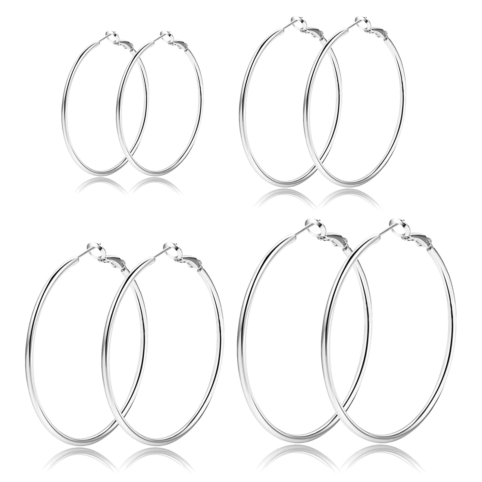 OrmromraSilver Hoop Earrings Women, 4 Pair 925 Silver Hoop Earrings, Lightweight Hypoallergenic Earrings Set, Pure Handcrafted Big Hoop,Jewelry Gift, 30/40/50/60 MM