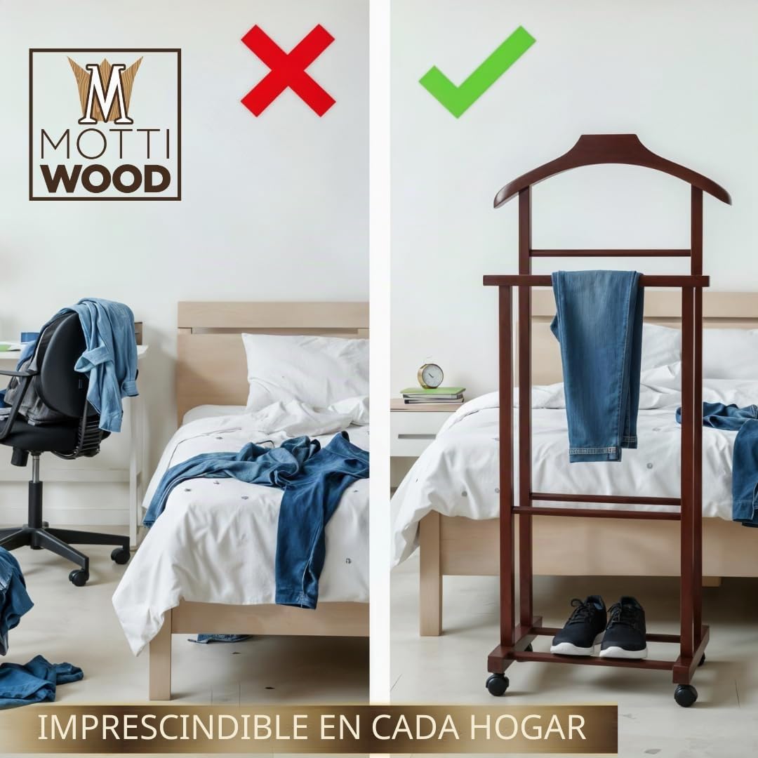 Perchero para dormitorio, madera de haya natural, nogal, doble silencioso, con 4 ruedas
