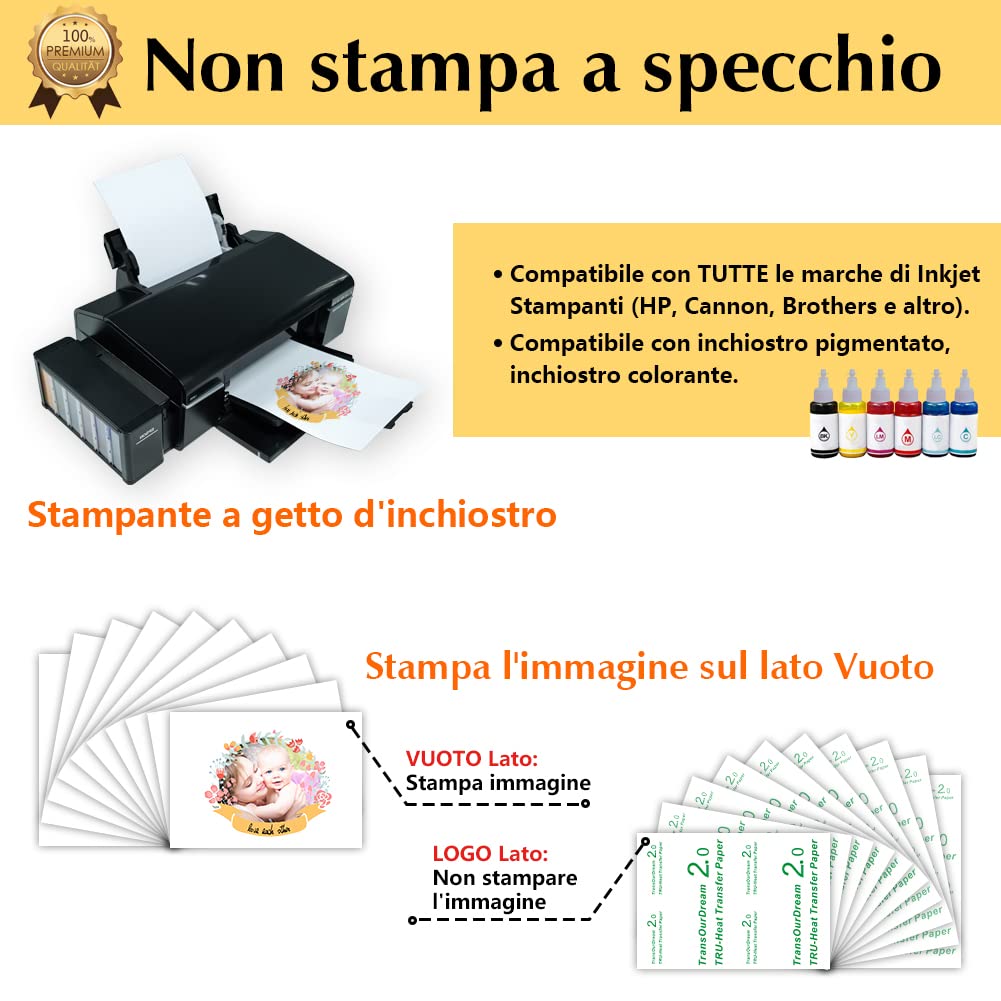 TransOurDream Carta di trasferimento per stampanti a Getto d'inchiostro,Carta termoadesiva per Tessuti Chiari,Non Stampa a Specchio, Fogli DIN A4X10, Carta per Magliette Chiare (I-2-5.0-10)
