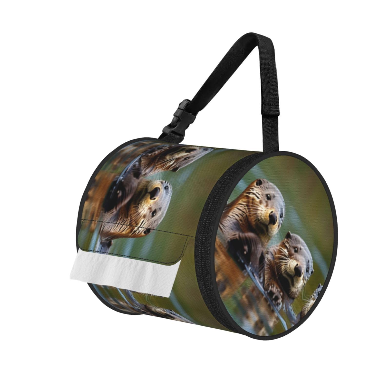 Jiuty Black Otters Print Cylinder Tissue Organizer Bag With Strap, Portable Toilet Roll Holder For Camping Car