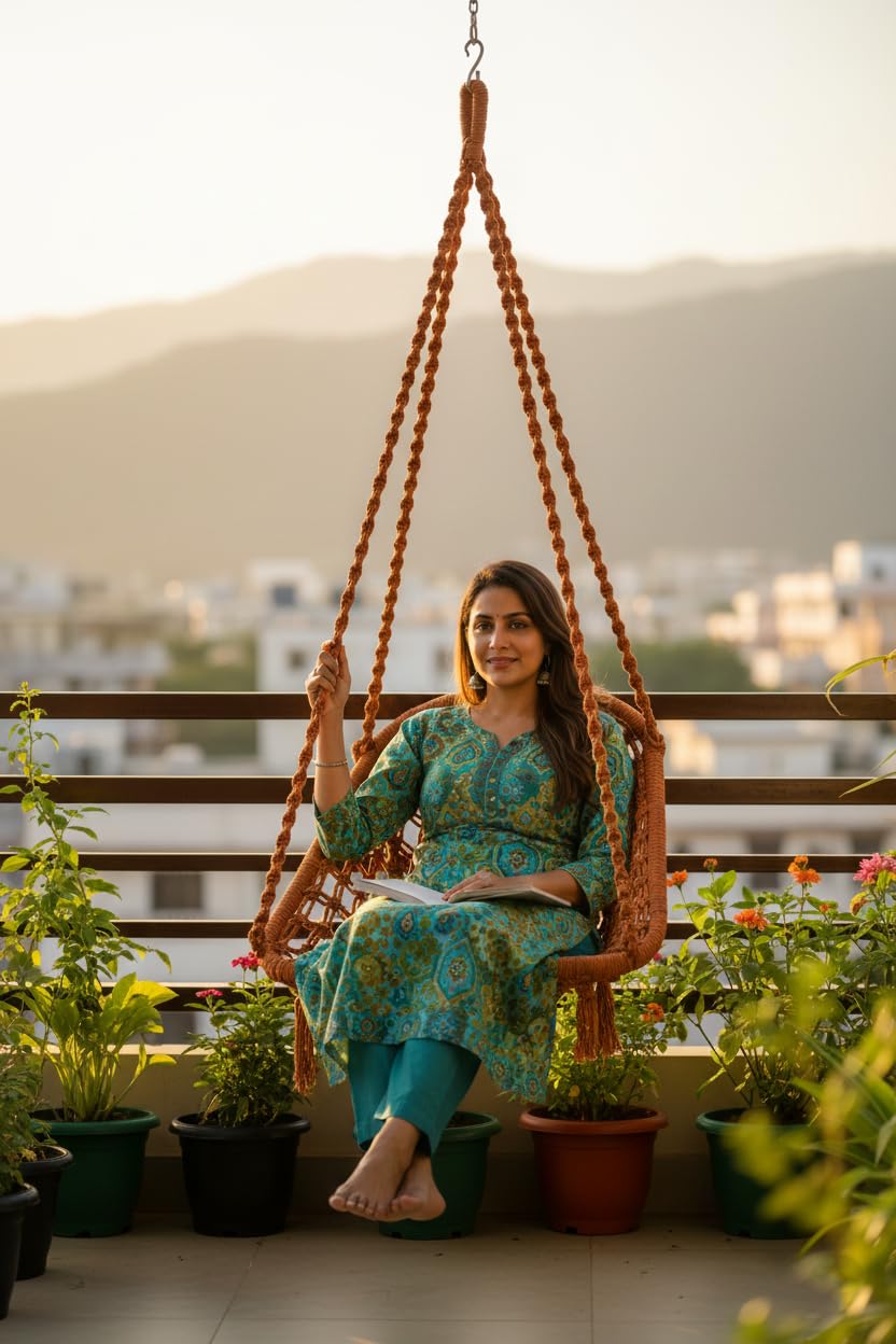 Patiofy Adult Swing - D Shape Cotton Swing Chair for Living Room, Balcony & Home - Includes Hanging Kit (Brown), 4 Cm