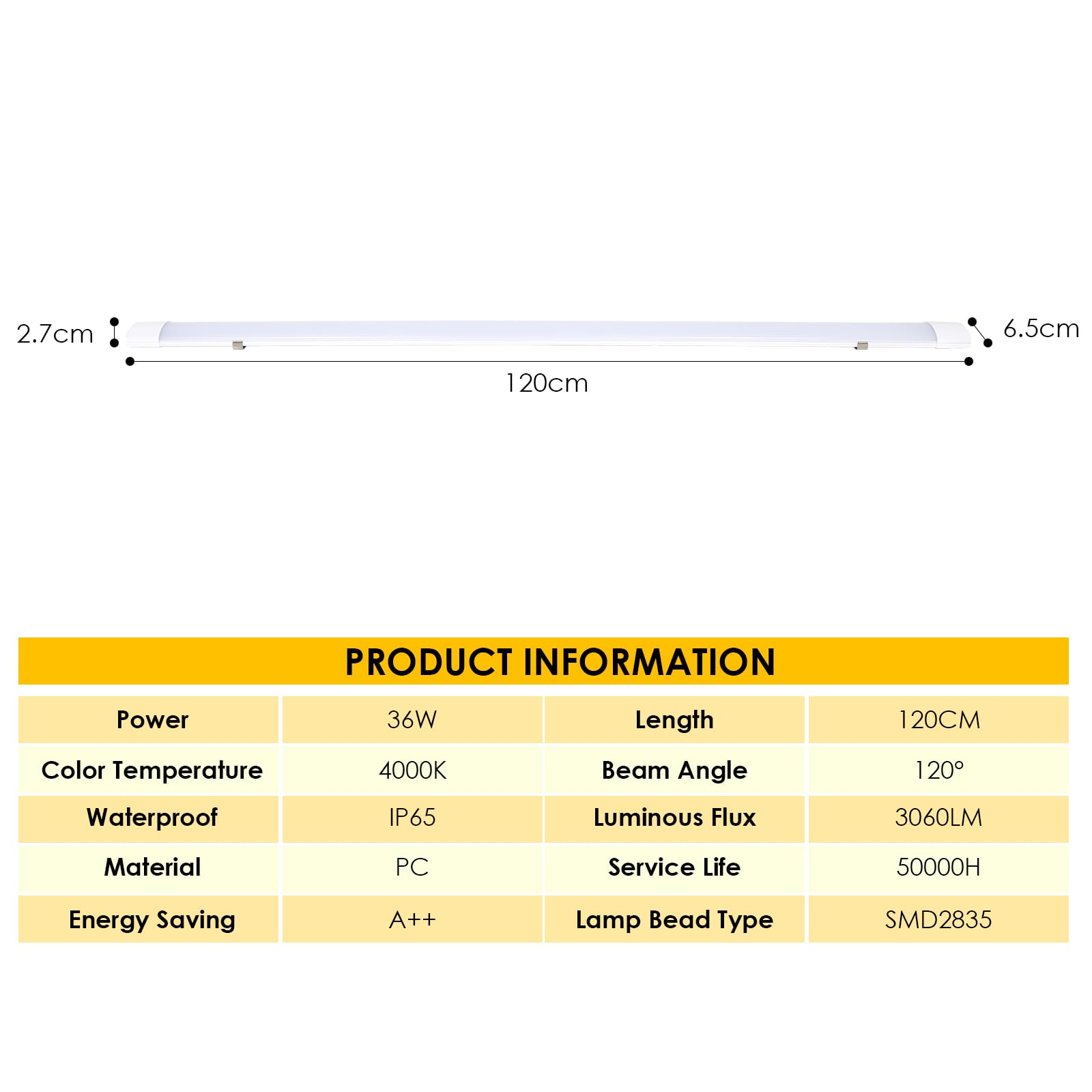 Randaco Réglette LED Étanche 36W 120CM IP65 Connectable, 3060LM Blanc Neutre 4000K, Luminaire Tube pour Garage Cave Atelier Salle de Bain Bureau Entrepôt