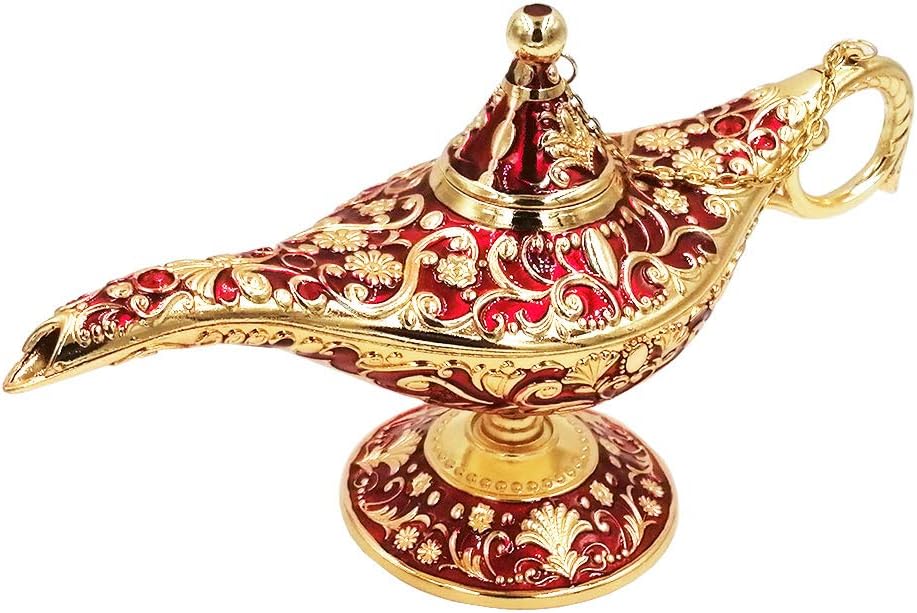 Vintage Legend Aladdin Magic Genie Lamp - Metal Carved Wishing Light for Home Wedding Party Tabletop Decoration Delicate Gift,Large Red