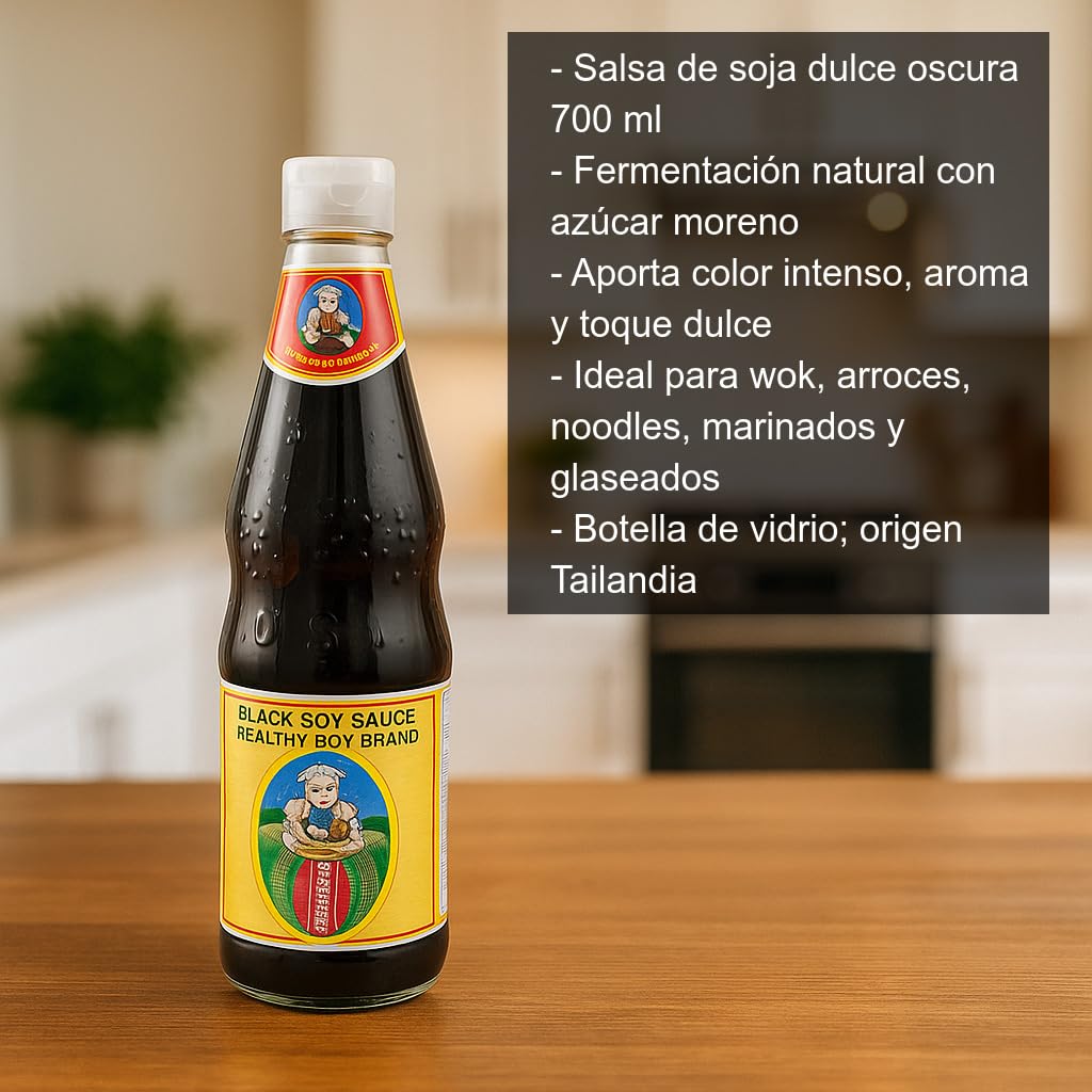 Salsa de soja dulce oscura 700 ml en botella de vidrio, fermentación natural con azúcar moreno, ideal para wok, marinados, sushi, arroz y noodles, aporta color intenso y brillo