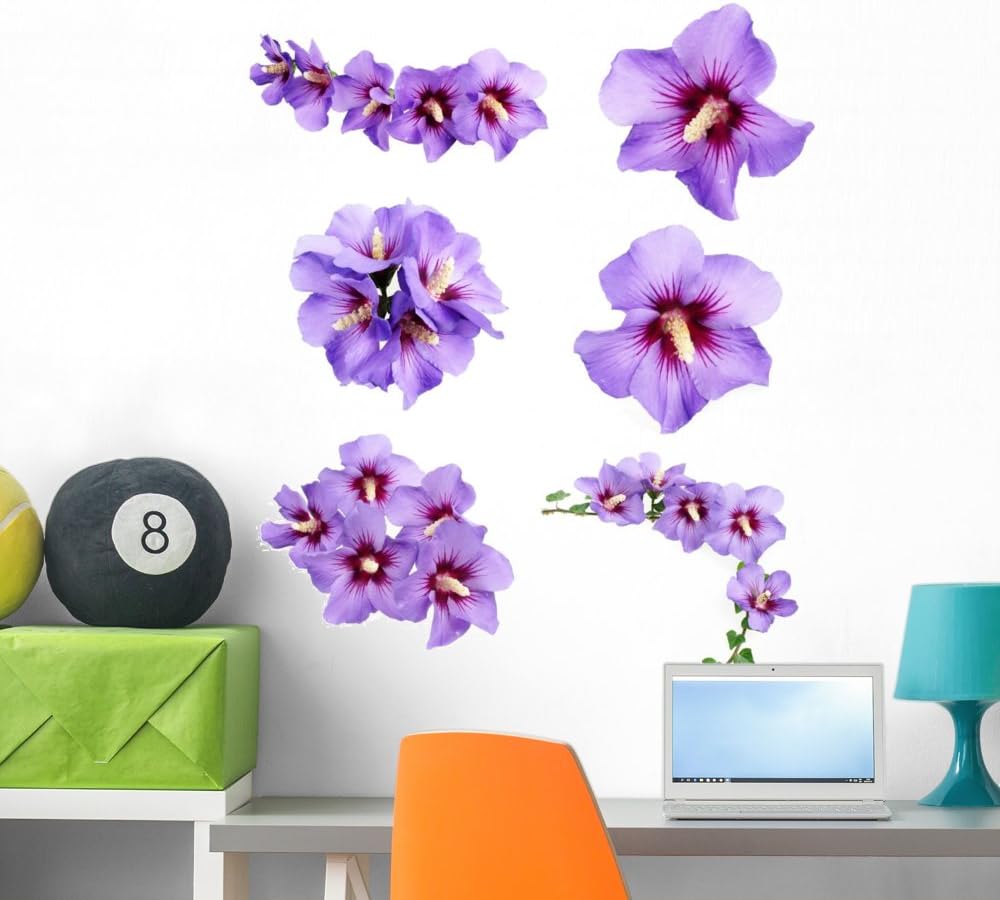 Purple Hibiscus Flowers Wall Decal Sticker Set Individual Peel and Stick Graphics on a (36 in H x 32 in W) Sticker Sheet WM388186