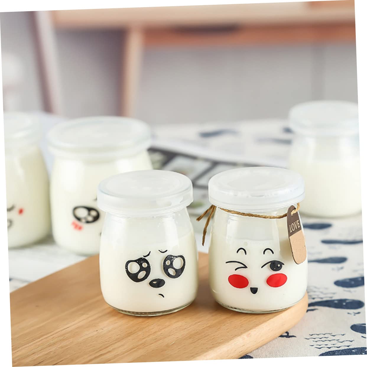 LIFKOME Glasflaschen für Joghurt und Pudding 100ml mit Bunten Motiven Wiederverwendbare Dessertflaschen aus Transparentem Glas für Kleine Portionen und Zufällige Farbe Zufälliger Stil