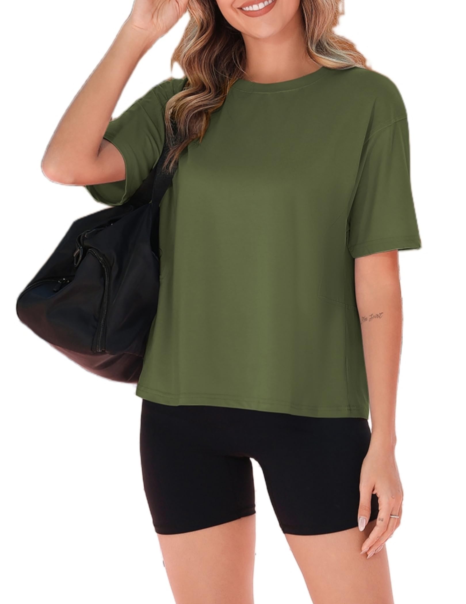 ZEAGOO Damen Oversize T Shirt Halbarm Rundhals Sport Shirts Sommer Casual Locker Basic Tshirt Square Naht