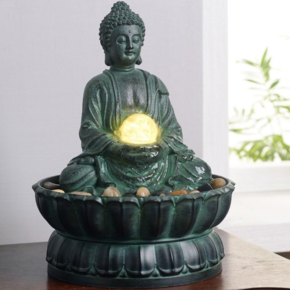 Fuente de Interior Fuente de agua circulante de lujo ligera, creativa fuente de escritorio con bola giratoria, humidificación for sala de estar, adornos de agua que fluyen con Buda simples Fuente de E