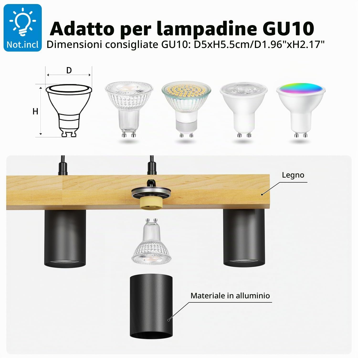 LVWIT Lampadario Sala da Pranzo Nero, Lampadari Cucina con 4 Luci in Aluminium, Lampadario Sospeso Legno GU10, Lampadari Pendente per Cameretta, Tavolo da Pranzo, Soggiorno(Senza Lampadina)