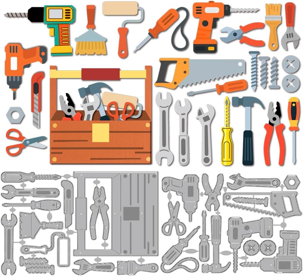 MAYJOYDIY Screwdriver Toolbox Metal Die Cuts Pliers Electric Drill Cutting Dies Stencils Screw Paintbrush Embossing Template Scrapbooking Tool for DIY Craft Card Making Album Festive Gift Decorations