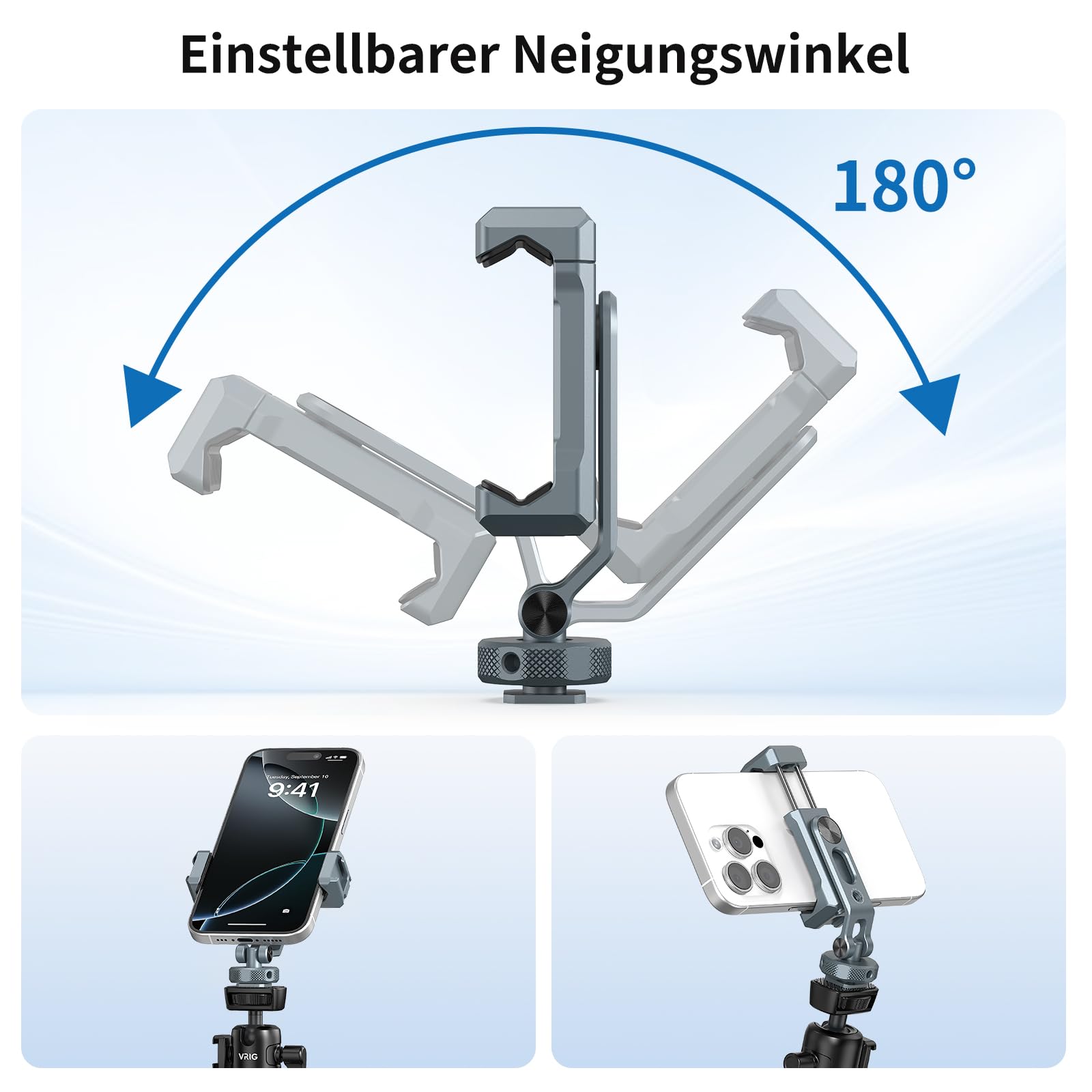VRIG PH-18 Handyhalterung für Stativ Metall, Auch kompatibel mit Blitzschuh | 360° Drehbarer Handyhalter, 2 Cold Shoe Mount, Kamera Halter für iPhone und Samsung (Blitzschuhadapter & 1/4"-Stativgewinde)