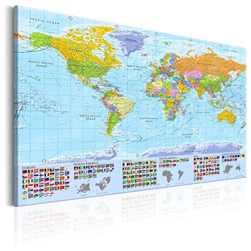 B&D XXL - Englische Weltkarte mit Pins Pinnwand & Vlies Leinwand Bild 120x80 cm XXL Bilder mit Kork Rückwand Set mit 50 Markierfähnchen-Pinnnadeln Korktafel Kunstdruck Wandbilder Lernkarte Landkarte