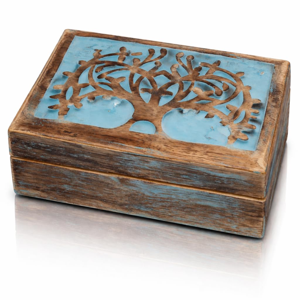 Boîte à bijoux en bois Arbre de vie sculpté, grand organiseur de rangement