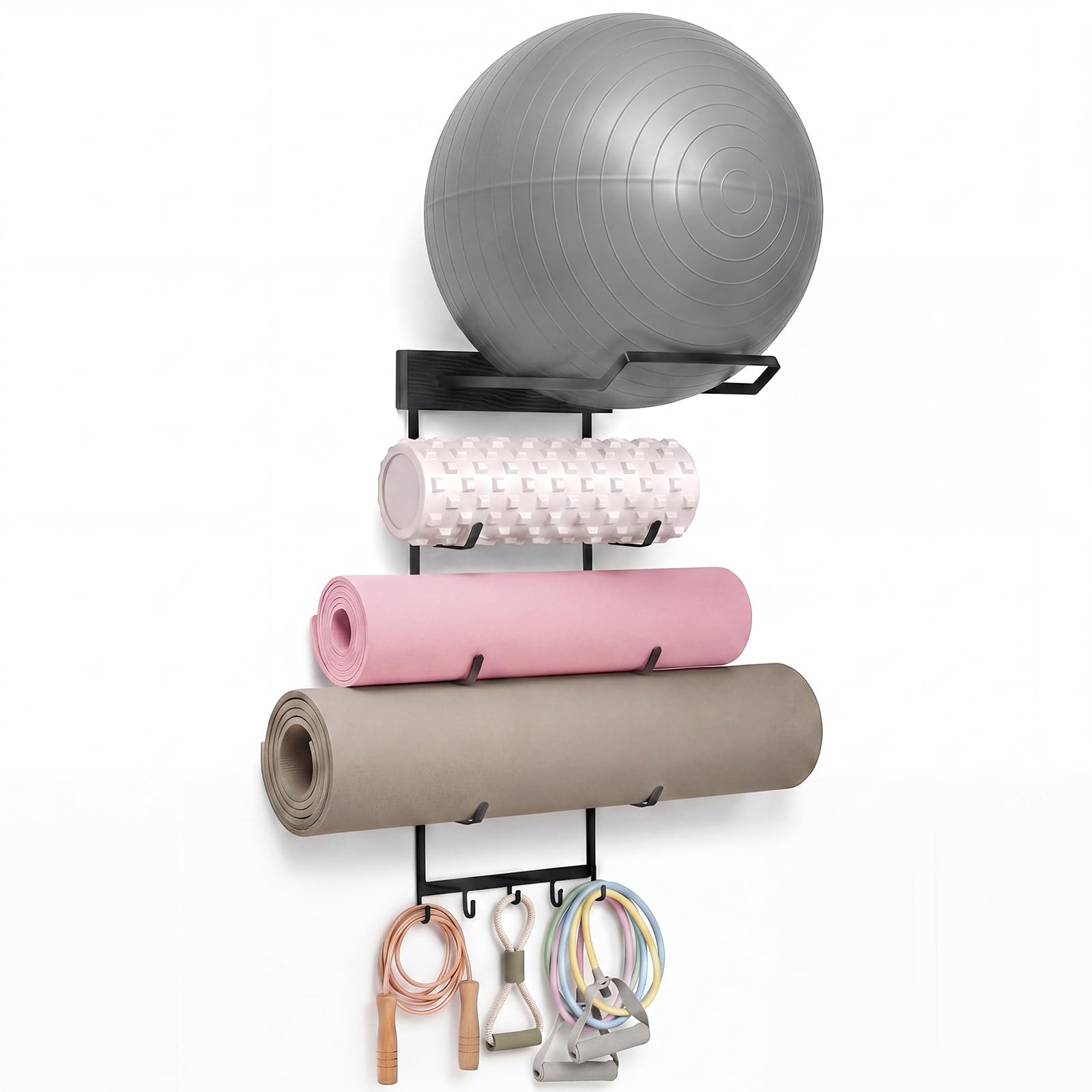 Geelin Yoga Mat and Ball Holder Wall Mount, 4-Tier Yoga Mat &amp; Ball Storage Rack, Home Gym Organizer, Black Metal Floating Shelf for Hanging Foam Rollers &amp; Resistance Bands (5 Hooks Style,Black)