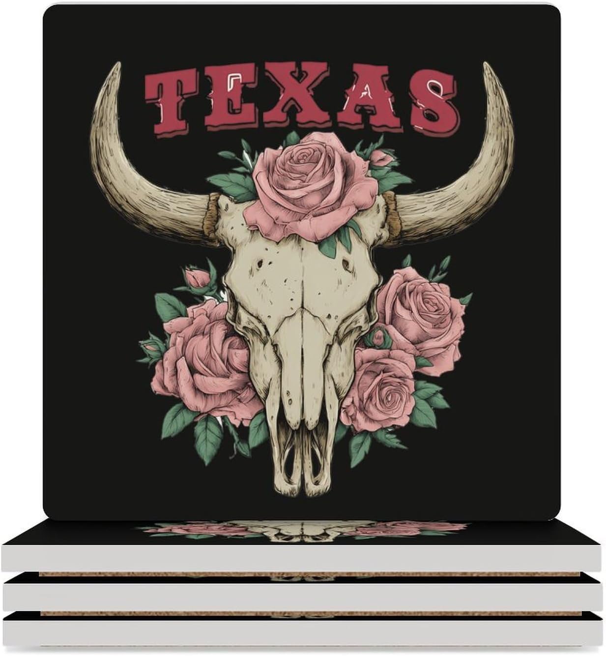 Texas Western Cow Skull Coaster for Drinks Square Ceramic Table Coasters Stone Mat Crafts 6PCS Home Kitchen Decor