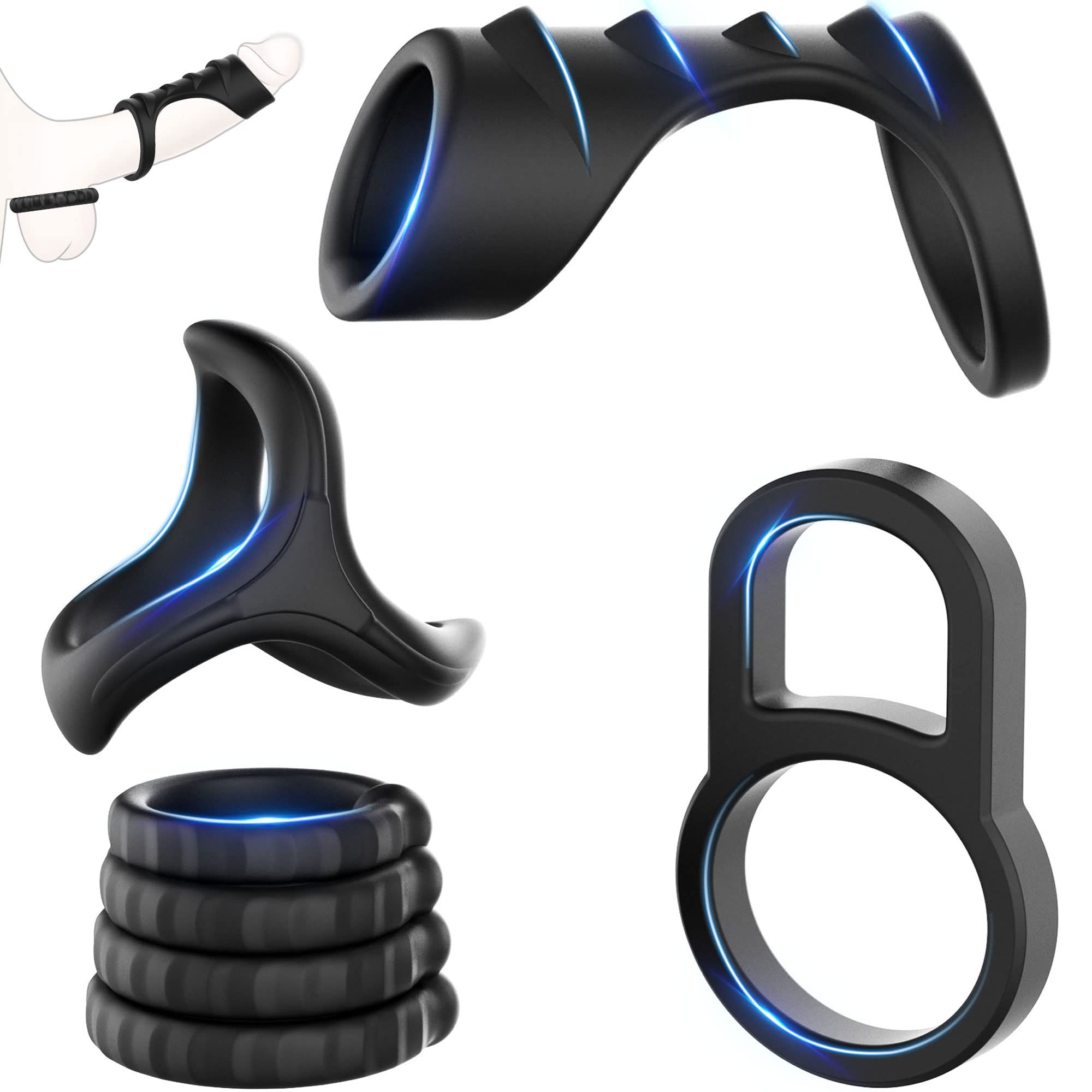 Silicone Penis Rings Set, KUSHOR 7 PCS Ultra Soft Stretchy Men's Cock Ring for Harder Longer Stronger Erection - Better Sex - Premium Adult Sex Toys & Games - 