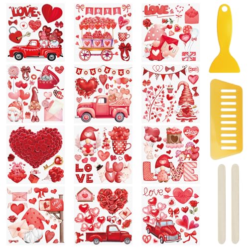 WANDIC 12 Sheets Valentine's Day Rub On Transfer Stickers Waterproof Decals Journal Album Decals Furniture Craft Transfers Decals for DIY Scrapbooking