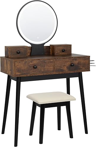 KJNJF0 Juego de tocador con espejo iluminado con pantalla táctil y taburete acolchado juego de mesa de maquillaje de madera con 4 cajones marrón