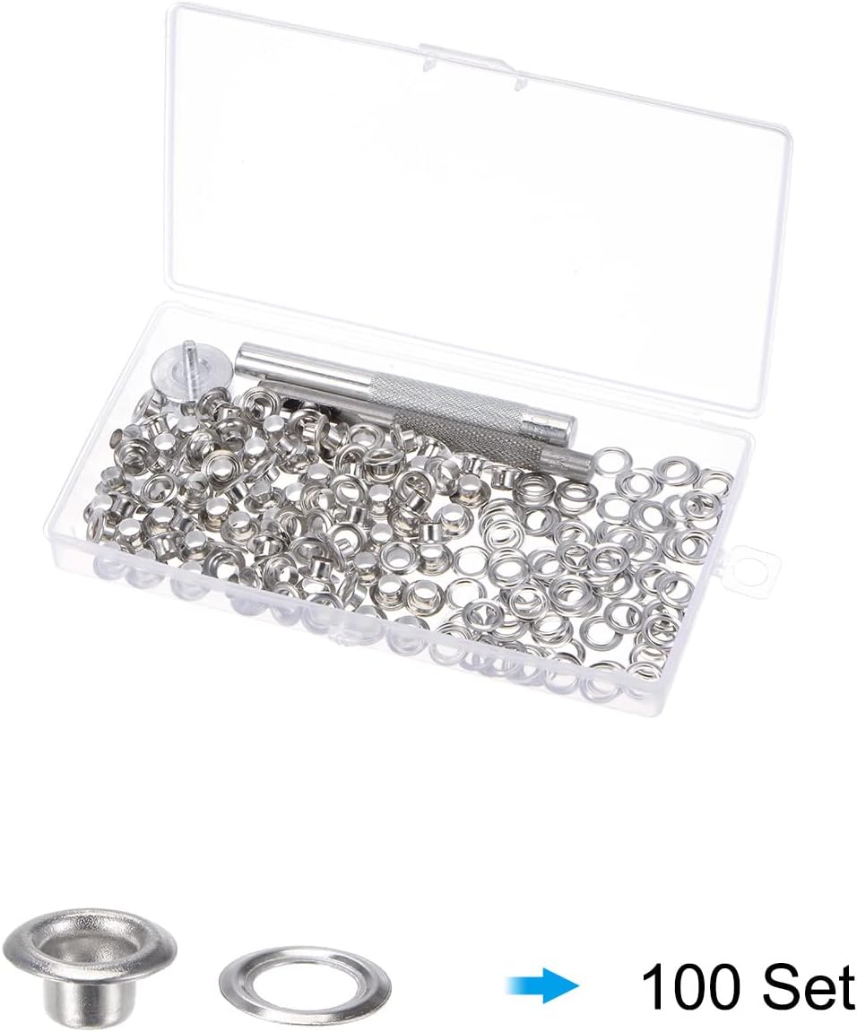 HARFINGTON 100 Set Grommet Eyelets Grommet Tool Kit Silver Tone 5mm 1/5 Inch Copper Metal Grommet Kit with 3pcs Installation Tools & Storage Box for Shoes Clothes Leather DIY