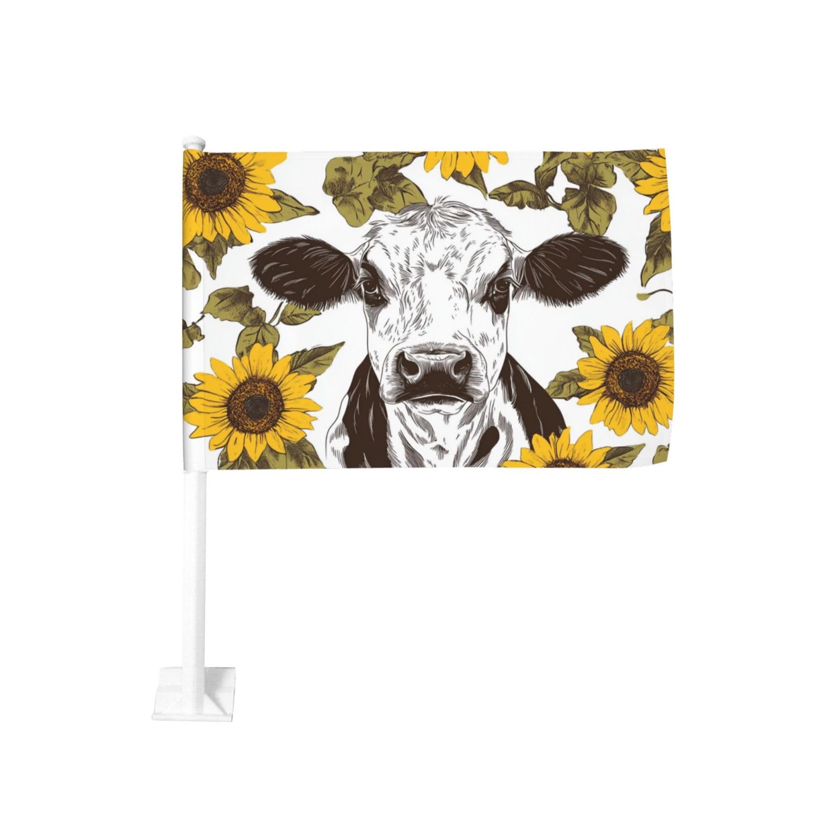 Cow Print With Sunflowers Car Flag Outdoor Window Clip 12 X 18 Inch Double Side Car Decoration