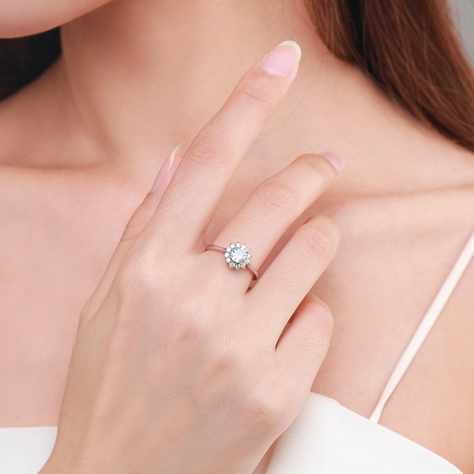 Anillo de oro real para mujer, anillo de boda con 1 ct Moissanite Halo, anillo de compromiso de oro blanco para mujer