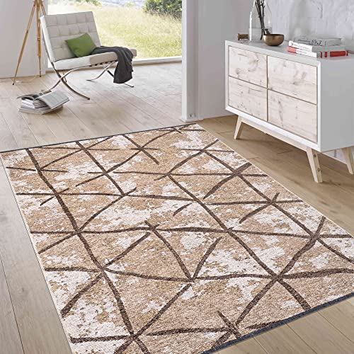 Jimri Kurzflor Wendeteppich - Flach gewebter Teppich für Schlafzimmer & Wohnzimmer, Eingang, Flur - Maschinengefertigt, weicher Polyester- & Baumwoll-Läufer - Rauten-Beige, Grösse : 75x150 cm