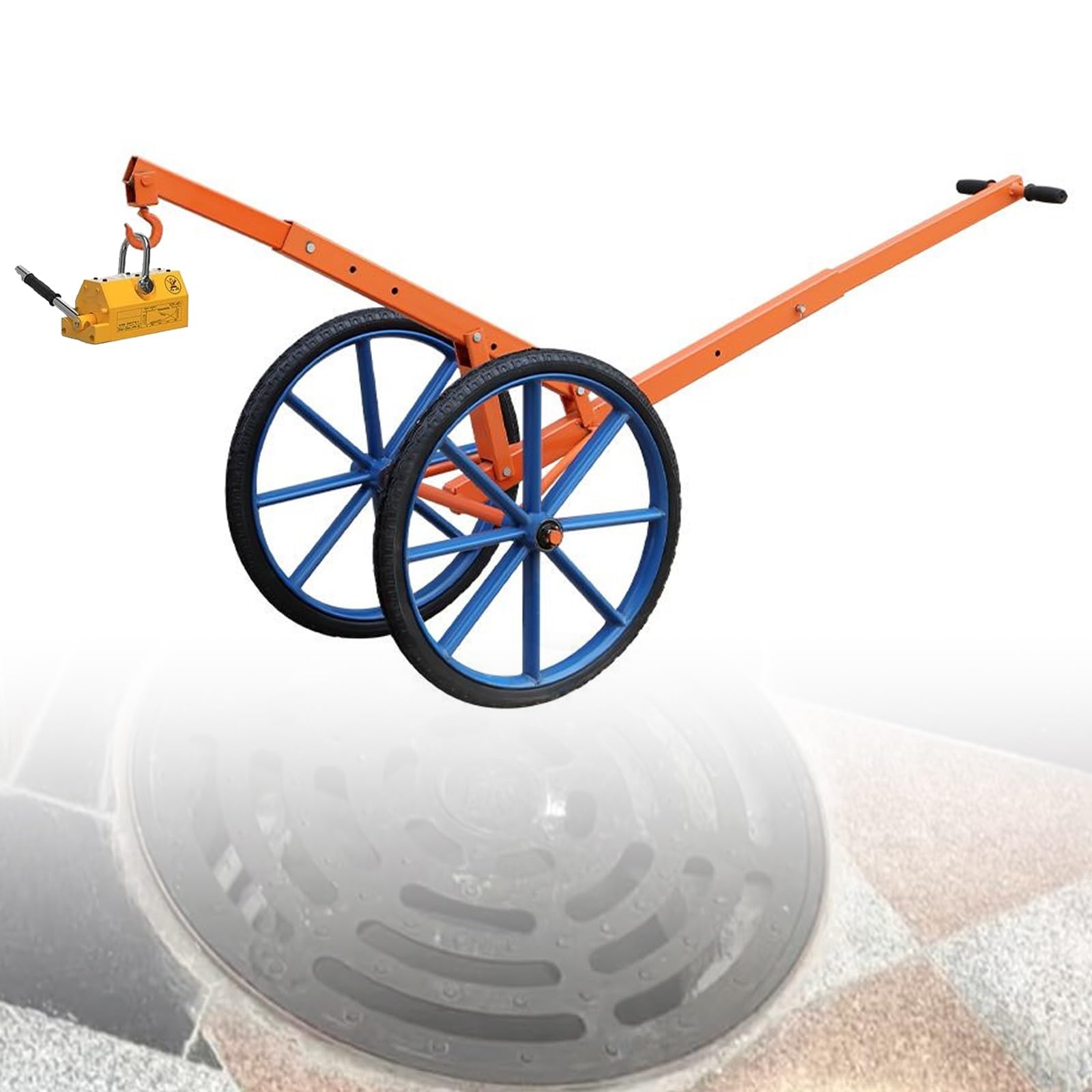 Kit de levage magnétique robuste avec roues de 69,8 cm et poignée réglable et capacité de 400 kg, idéal pour soulever facilement des couvercles de regard lourds
