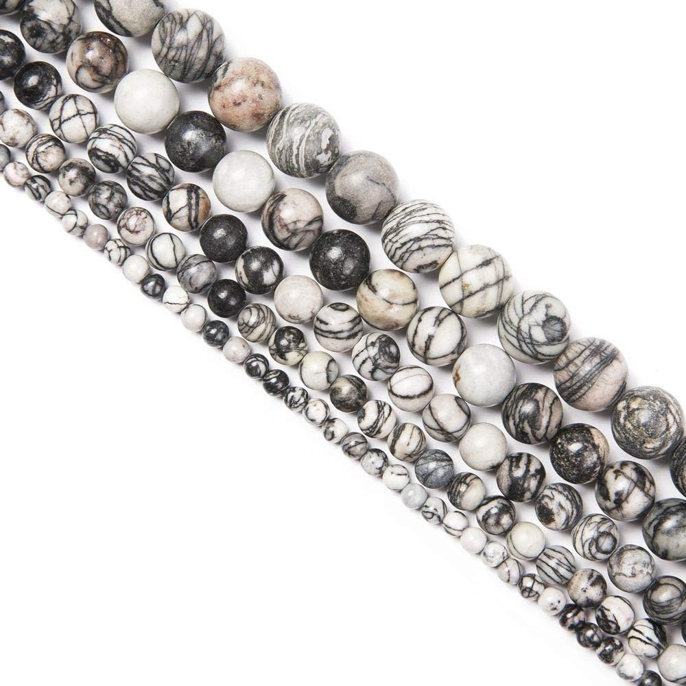 Natural Stone Loose Round Smooth Semi-Precious Real Black Network Mesh Jasper Gemstone Beads for DIY Beading Jewelry Making Full Strand 8mm 15.5" (Approx 45pcs) Black Mesh Jasper 8mm