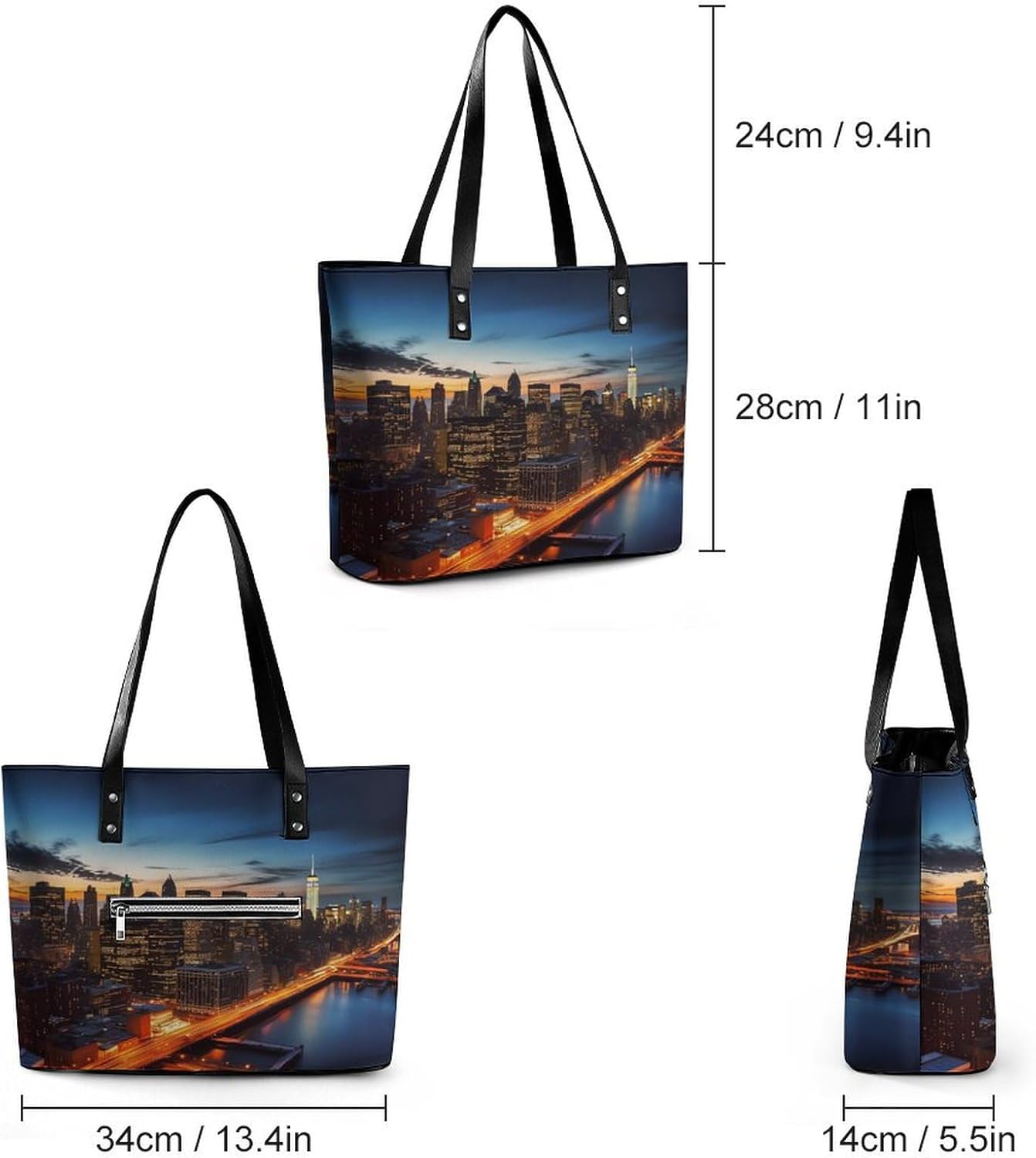 New York City Scenery Tote Bag Large Soft Leather Purse with Zipper Lightweight Ladies Shoulder Handbag