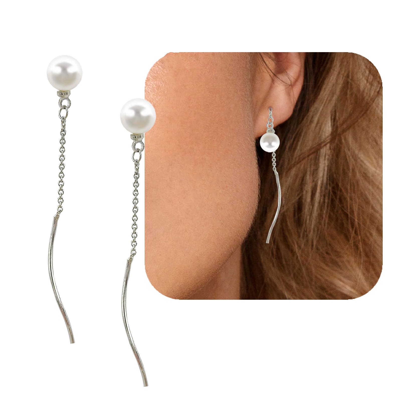 Silber 925 Perle Hängend Ohrringe, WGXIA Lang Quasten Einfädler Ohrringe Perlen Anhänger Ohrhänger Schmuck Geschenke für Damen Mädchen