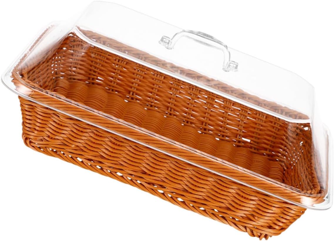 Rattan Bread Basket with Lid, Handwoven Food Serving Basket for Kitchen and Picnic, Multipurpose Woven Fruit and Bread Storage Container 40x30x15 Cm Brown