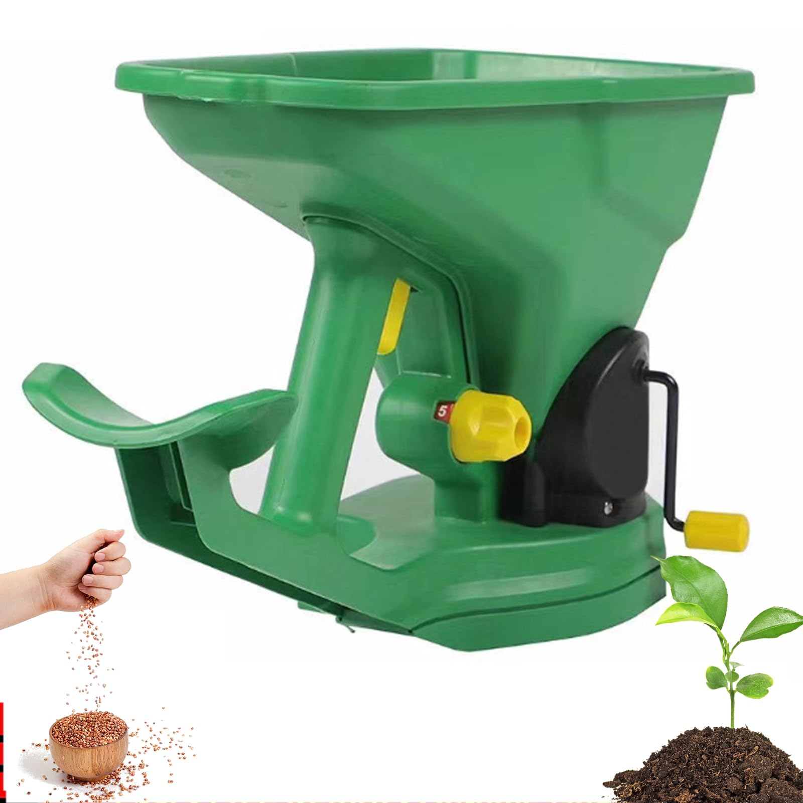 Esparcidor de semillas de mano, sembradora manual de 1,5 L con manivela, válvula ajustable de 5 niveles, ligero y portátil para césped, jardín, fertilizante y derretimiento de nieve