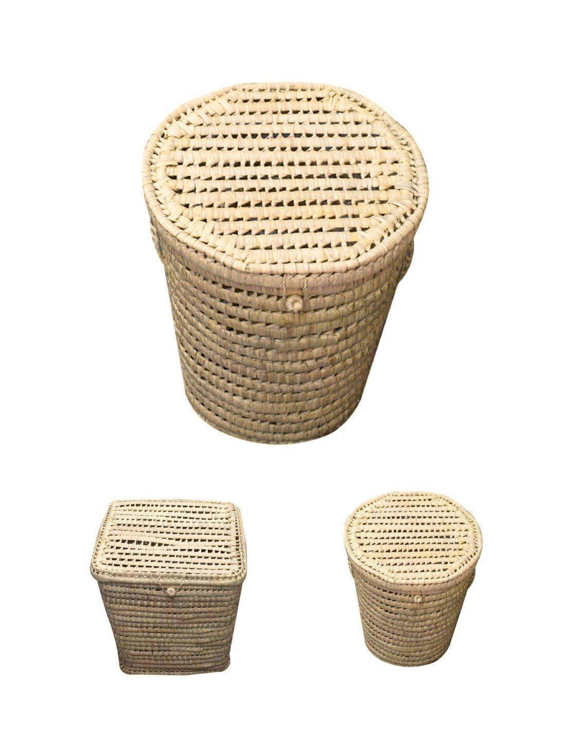 JARDIN202 - Pongotodo Cesta de Palma Natural con Tapadera y Asas - Almacenamiento en Modelos Redondo y Cuadrado para Ropa y Decoración | Redondo Mediano