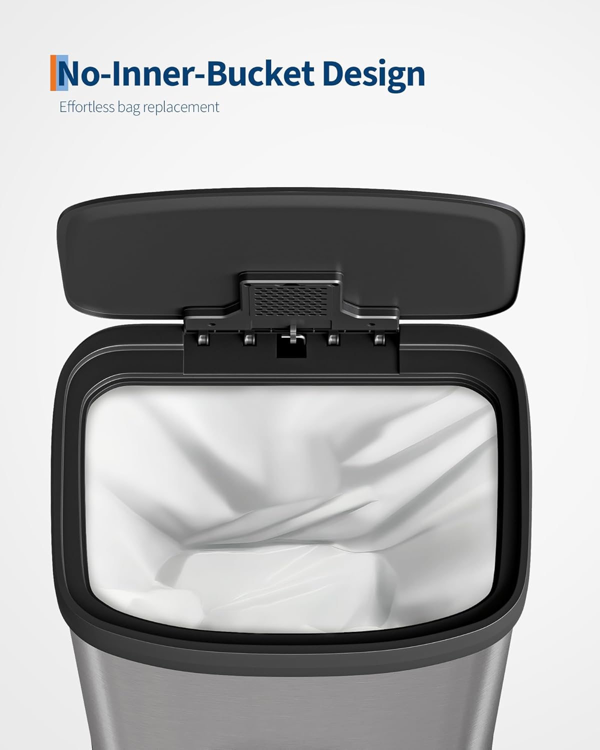 Garvee trash can with lid open showing no inner bucket and a trash bag inserted.