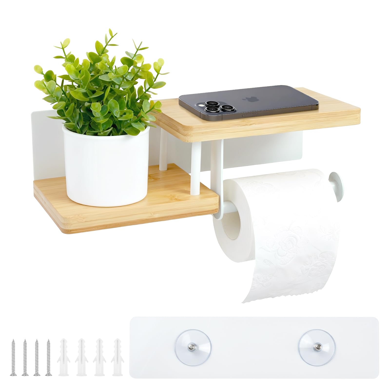 DTLLCZP Bamboo Toilet Roll Holder with Shelf Self-Adhesive or for Drilling White Toilet Paper Holder for Bathroom, Kitchen & Toilet 30 x 12 x 8 cm