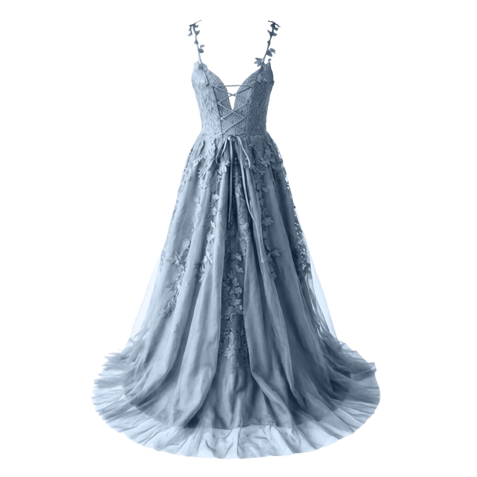 Damen Chiffon Ballkleider Lang V-Ausschnitt Spitzenapplikationen Brautjungfernkleid A-Linie Abendkleider mit Schlitz