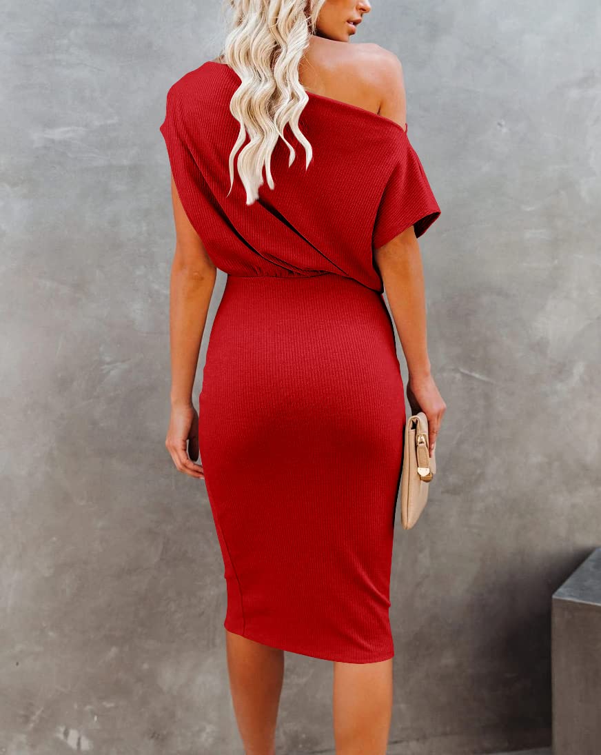 EZBELLE Vestido de verano para mujer, con hombros descubiertos, manga corta, acanalado, casual, para fiesta, vestido midi