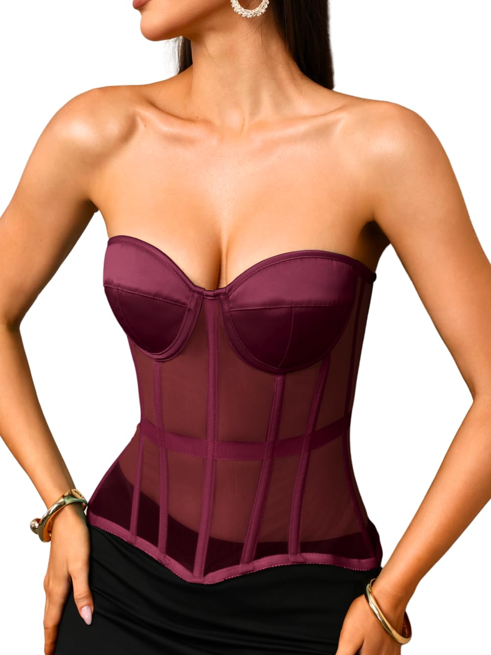 Kaei&amp;Shi Women's Strapless Mesh Corset Top, Padded Lace-Up Bustier