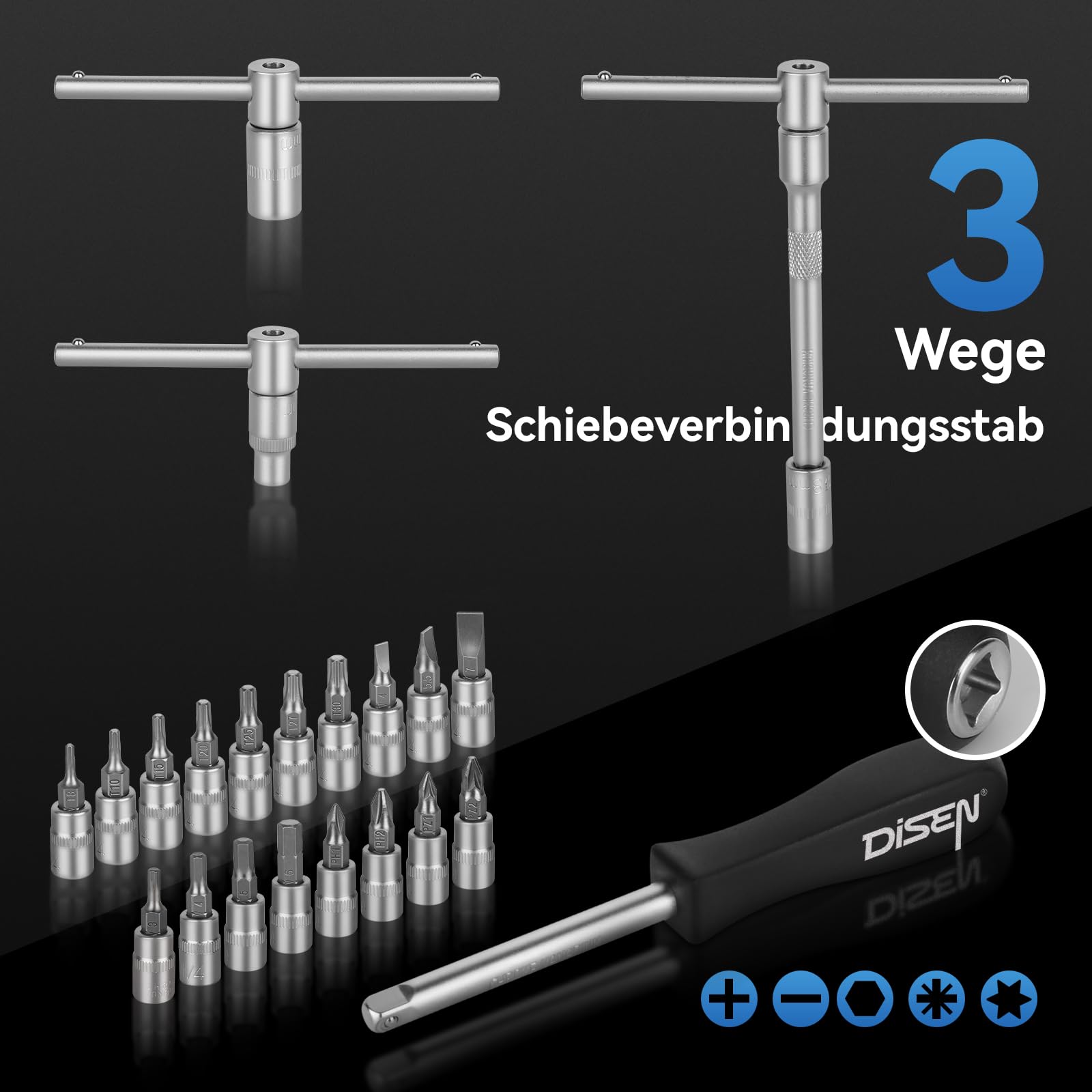 DISEN Steckschlüsselsatz 108-teilig, Ratschenschlüssel Knarrenkasten Set mit Umschaltknarre 1/4" und 3/8", inkl. Gängigen Torx - Bitsatz, Verlängerungen, Steckschlüssel Set und Nüsse für Heim