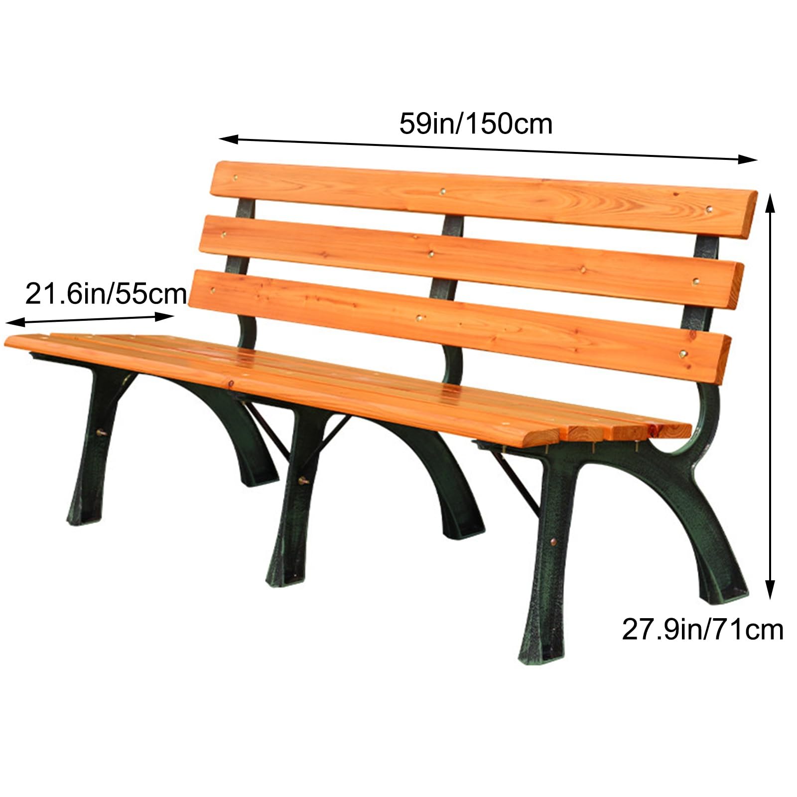 Metalowa ławka na zewnątrz, 150 cm, ławka ogrodowa z grubymi listwami z litego drewna i odporną na warunki atmosferyczne żeliwną ramą, idealna do parków, ogrodów i użytku komercyjnego (z oparciem)