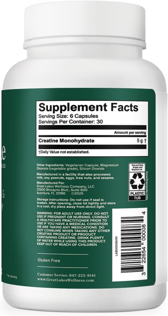 Great Lakes Wellness Creatine Monohydrate Capsules, 180 Count (30 Day Supply), 5000mg Pure Creatine per Serving, Build Lean Muscle, Strength & Recovery, Capsule Alternative to Creatine Powder