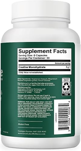 Miniatura 2 de Great Lakes Wellness Cápsulas de monohidrato de creatina, 180 unidades (suministro para 30 días), 5000 mg de creatina pura por porción, desarrolla