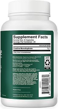 Great Lakes Wellness Creatine Monohydrate Capsules, 180 Count (30 Day Supply), 5000mg Pure Creatine per Serving, Build Lean Muscle, Strength & Recovery, Capsule Alternative to Creatine Powder
